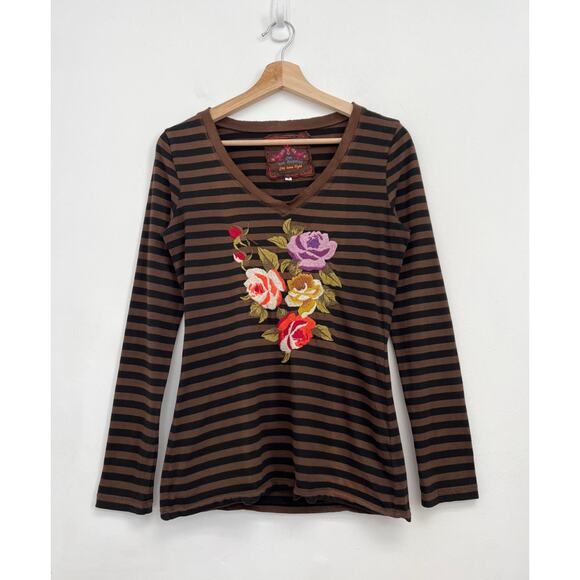 Johnny Was Floral Rose Embroidery Boho Striped V-Neck Long Sleeve Cotton Tee - S - Picture 1 of 8